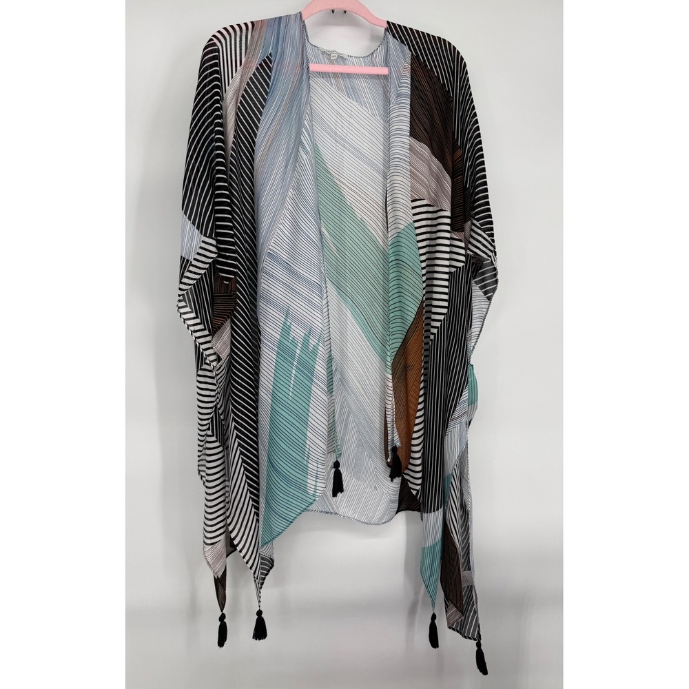 Moss Rose Women Kimono Wrap Geometric Striped Tassel Trim Sz OS Teal Black